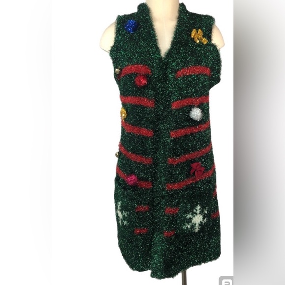 99 Jane Street Christmas Holiday Long Vest Sparkly Metallic Turf Like Texture L - Picture 1 of 4